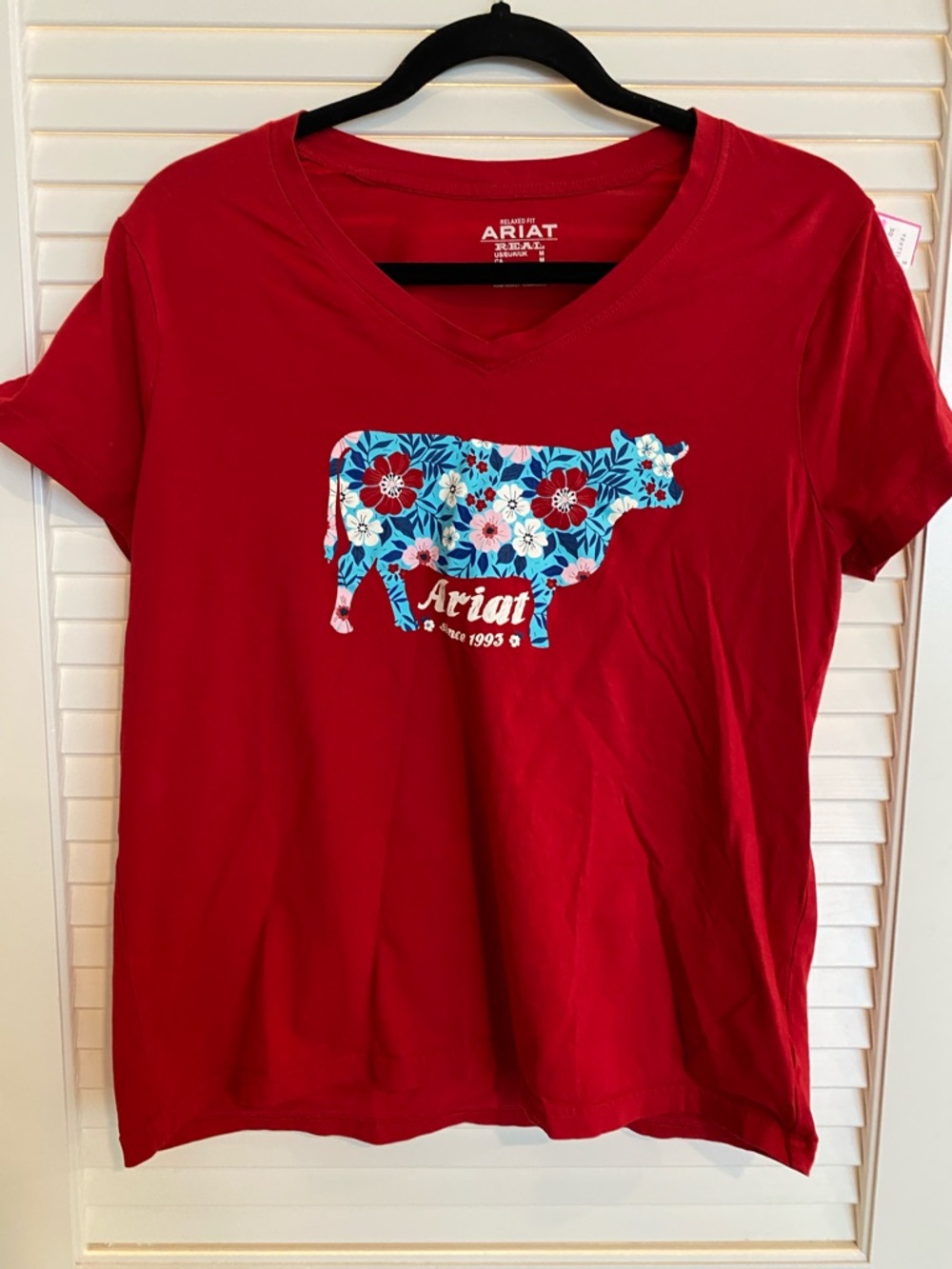 Ariat Red V-Neck Tee with Blue Floral Cow
